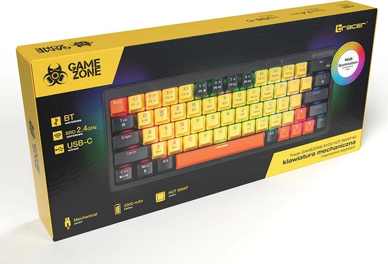 Tastierë mekanike Tracer Gamezone EVO2 HOT SWAP 63, mini, RGB, e verdhë/portokalli/zezë