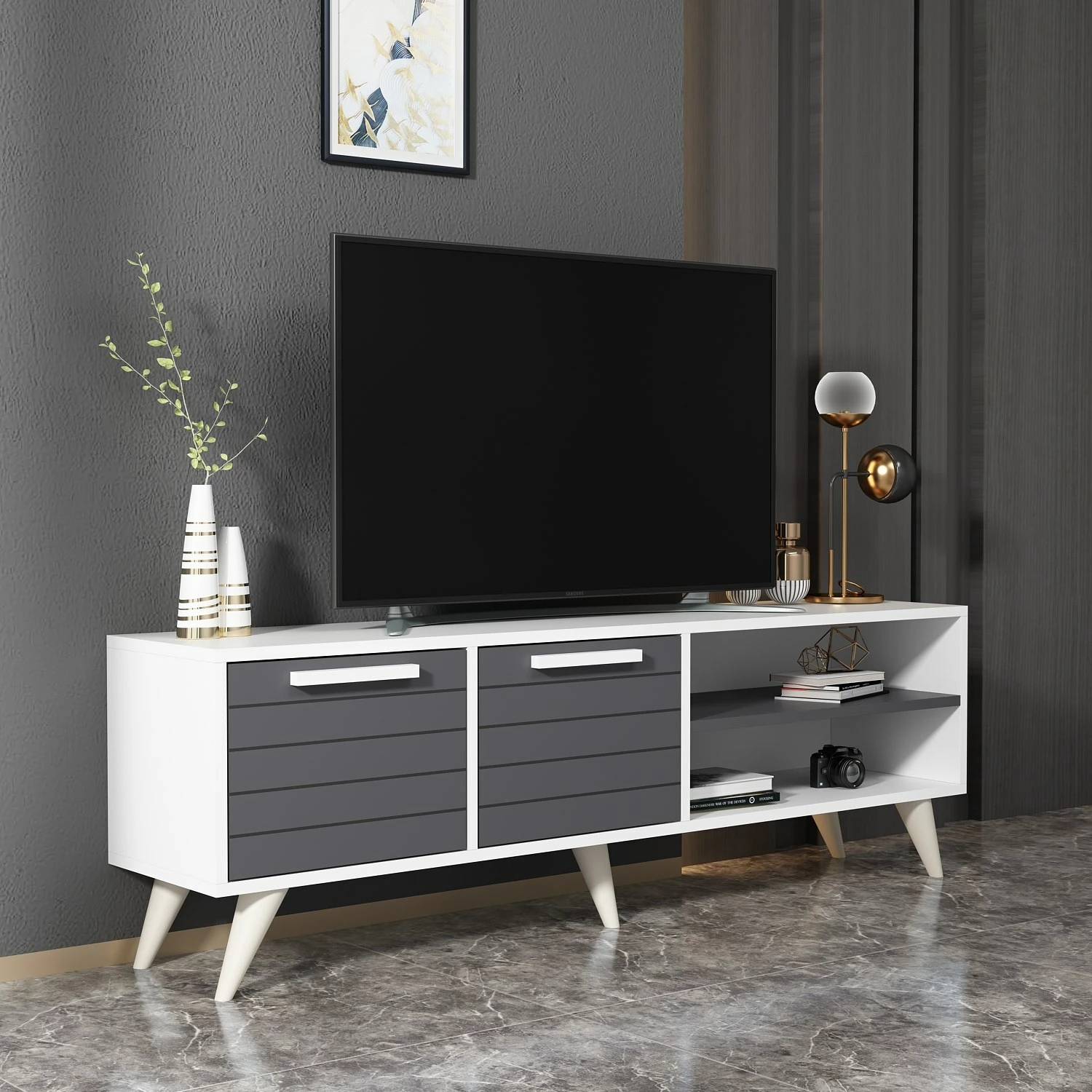 Komodë TV Skye Decor, e bardhë, antracit