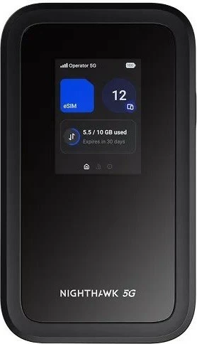 hotspot mobil 5G Netgear Nighthawk M7 MH7150-100EUS, Wi‑Fi 7, eSIM, deri 32 pajisje, i zi, set me bateri + kabllo USB-C