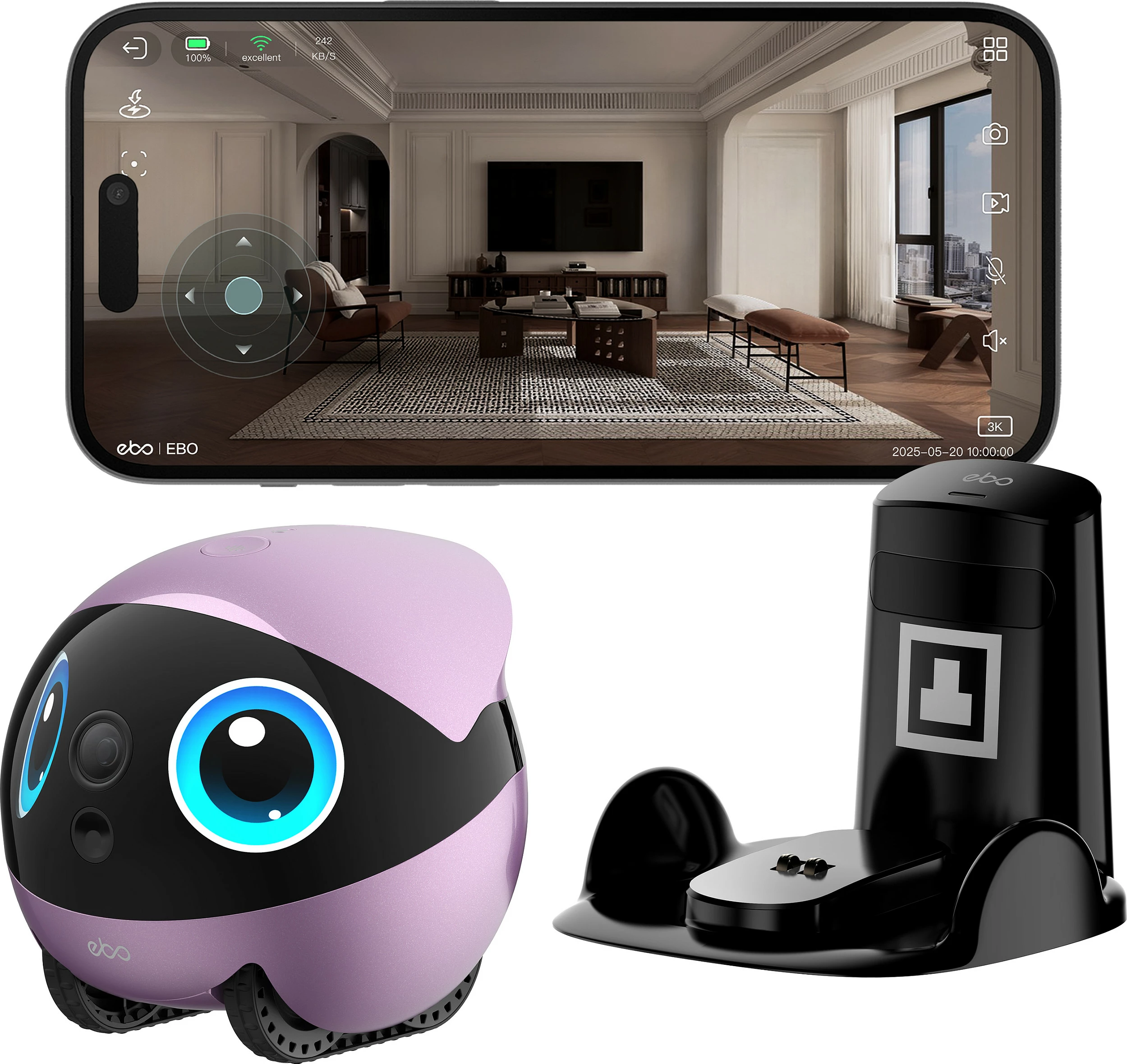 Robot kamerë Enabot EBO Air 2 Plus, 3K, Wi‑Fi 5GHz, 5000 mAh, rozë/zi