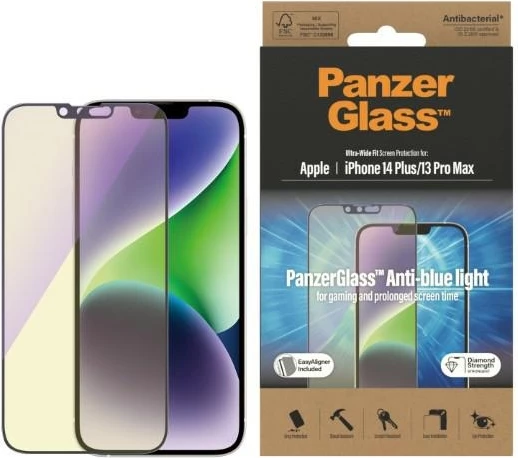 Xham mbrojtës PanzerGlass Ultra-Wide Fit me filtër dritë blu dhe aplikator EasyAligner për iPhone 14 Plus / 13 Pro Max