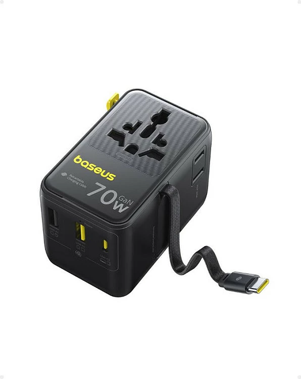 Karikues Baseus EnerCore CG11, 70W GaN, 2xUSB-C + 2xUSB-A, 2x prizë AC, kabllo e tërheqshme 1m, i zi