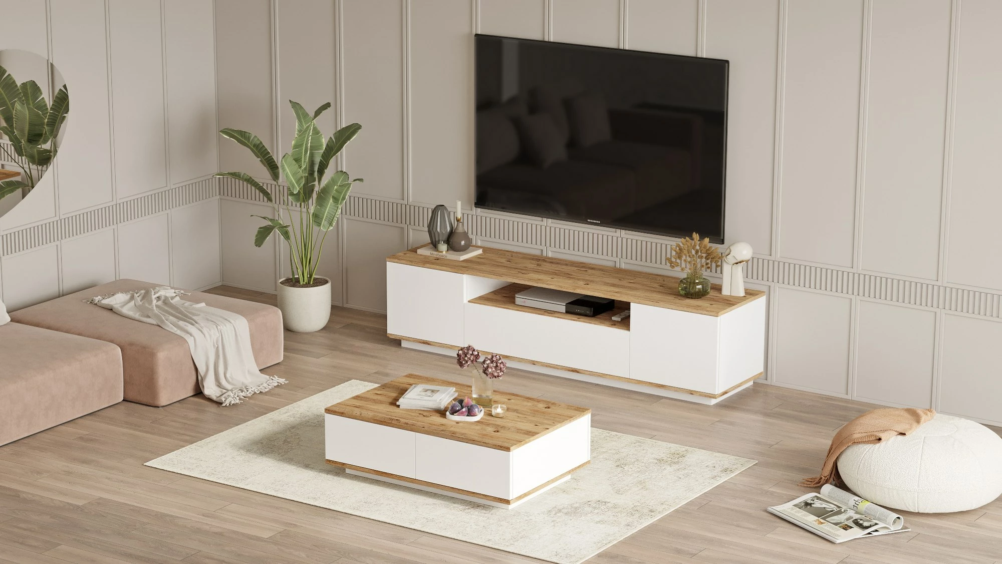 Set mobiljesh për dhomë dite Skye Decor, Fr17-Aw, ngjyrë pishë Atlantike dhe e bardhë