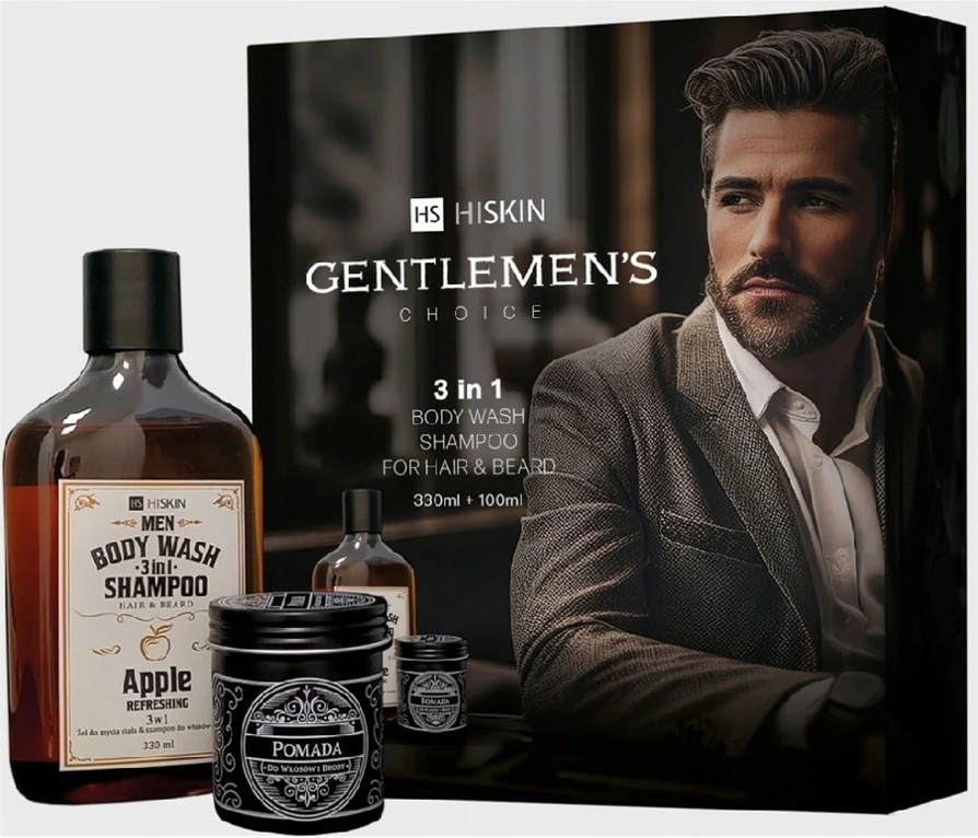 Set për meshkuj HiSkin Gentleman’s Choice 3-në-1 Apple 330ml + pomadë flokësh dhe mjekre 100ml