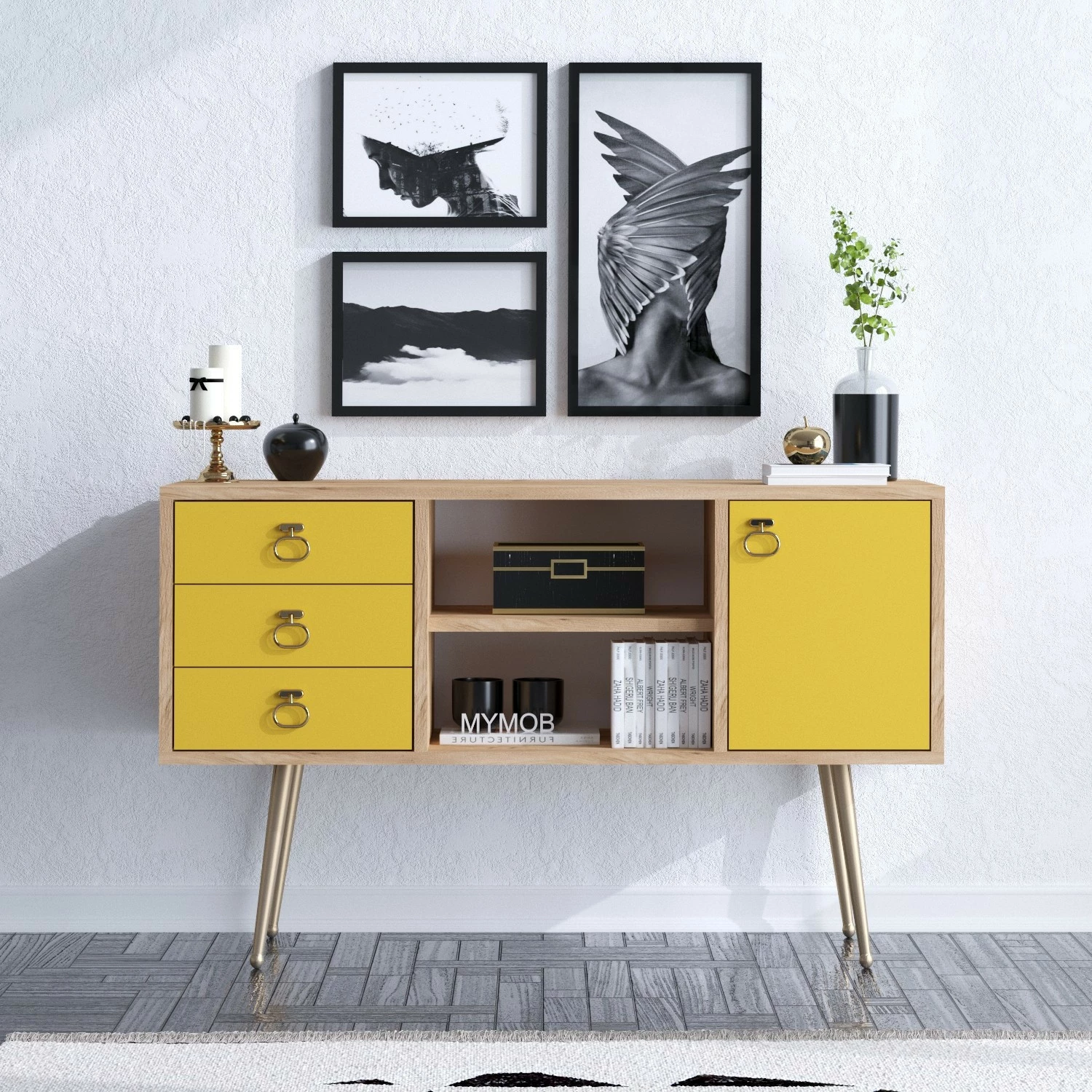Komodë moderne Skye Decor, ngjyrë lis dhe e verdhë, KLEA