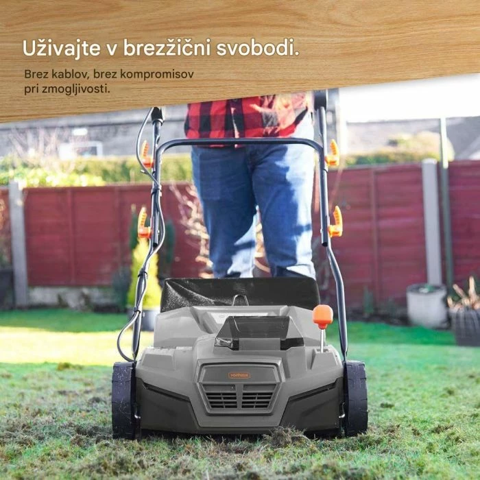 Aerator & vertikuter pa tela 2-në-1 VonHaus 3519009, 40 V (2x20V 4Ah), 38 cm, qese 45 L, set me 2 bateri + karikues dual + 2 tambura, gri/zi me detaje portokalli
