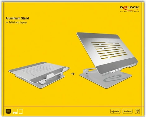Mbajtëse për laptop DeLOCK, e rregullueshme dhe e palosshme, alumini, deri 15.6", ngjyrë alumini