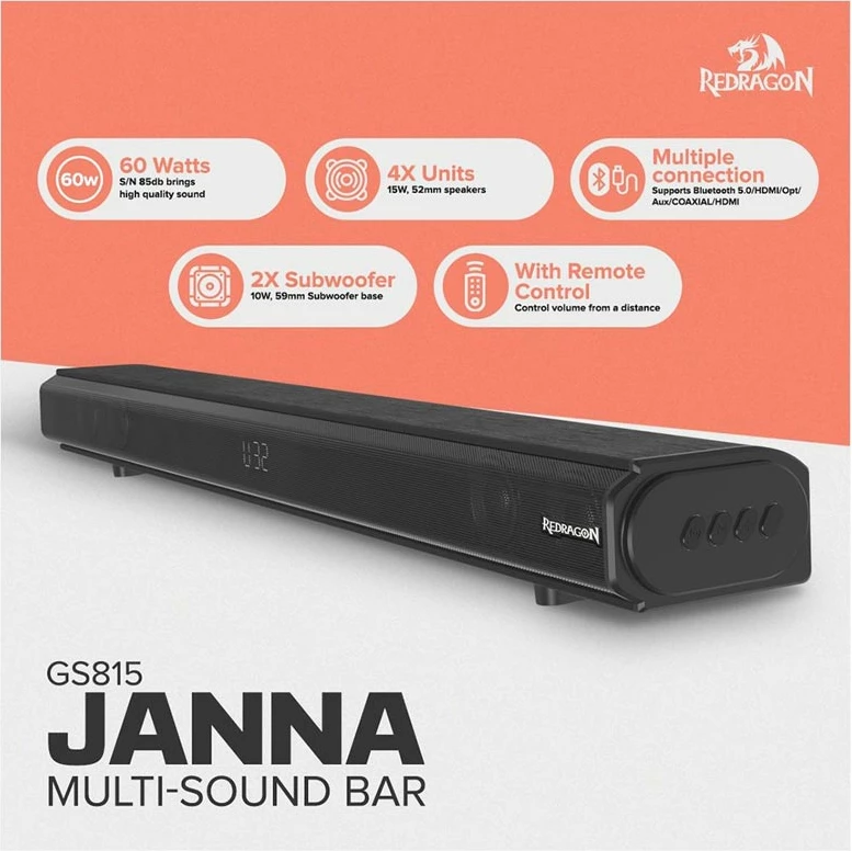 Soundbar Redragon Janna GS815, 60W, Bluetooth 5.0, HDMI/Optik/AUX/COAX, i zi