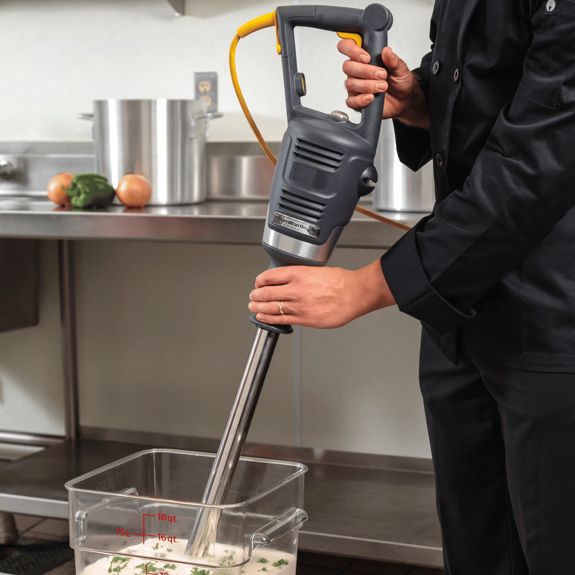 Blender zhytës, Hamilton Beach Commercial BigRig, deri 121 L, krah çelik inox, 930x216 mm, me bazë fuqie dhe mbajtëse muri