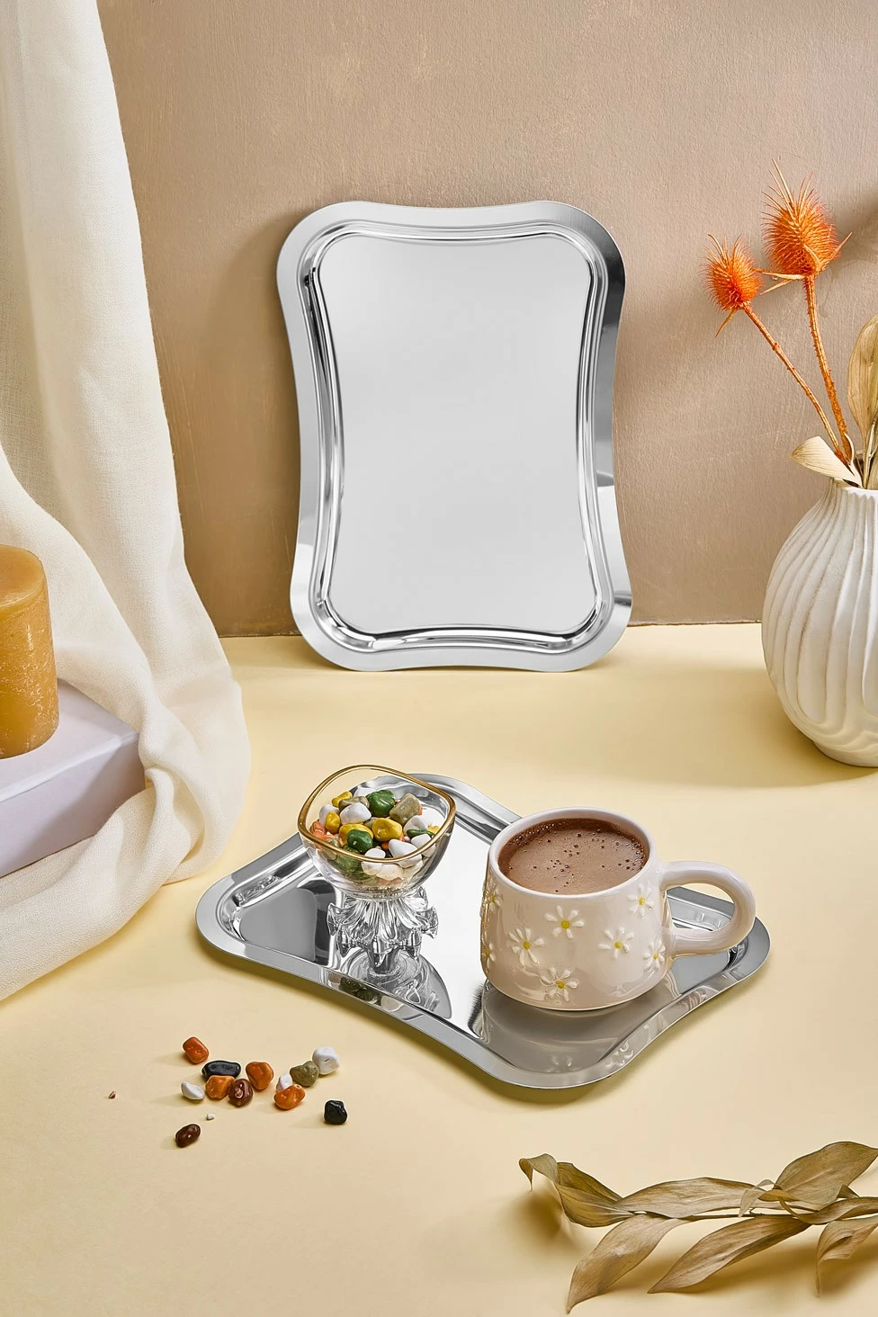 Set tabakash shërbyese prej çeliku inoksi, ngjyrë argjendi, 6 copë, Hermia, 25x15cm