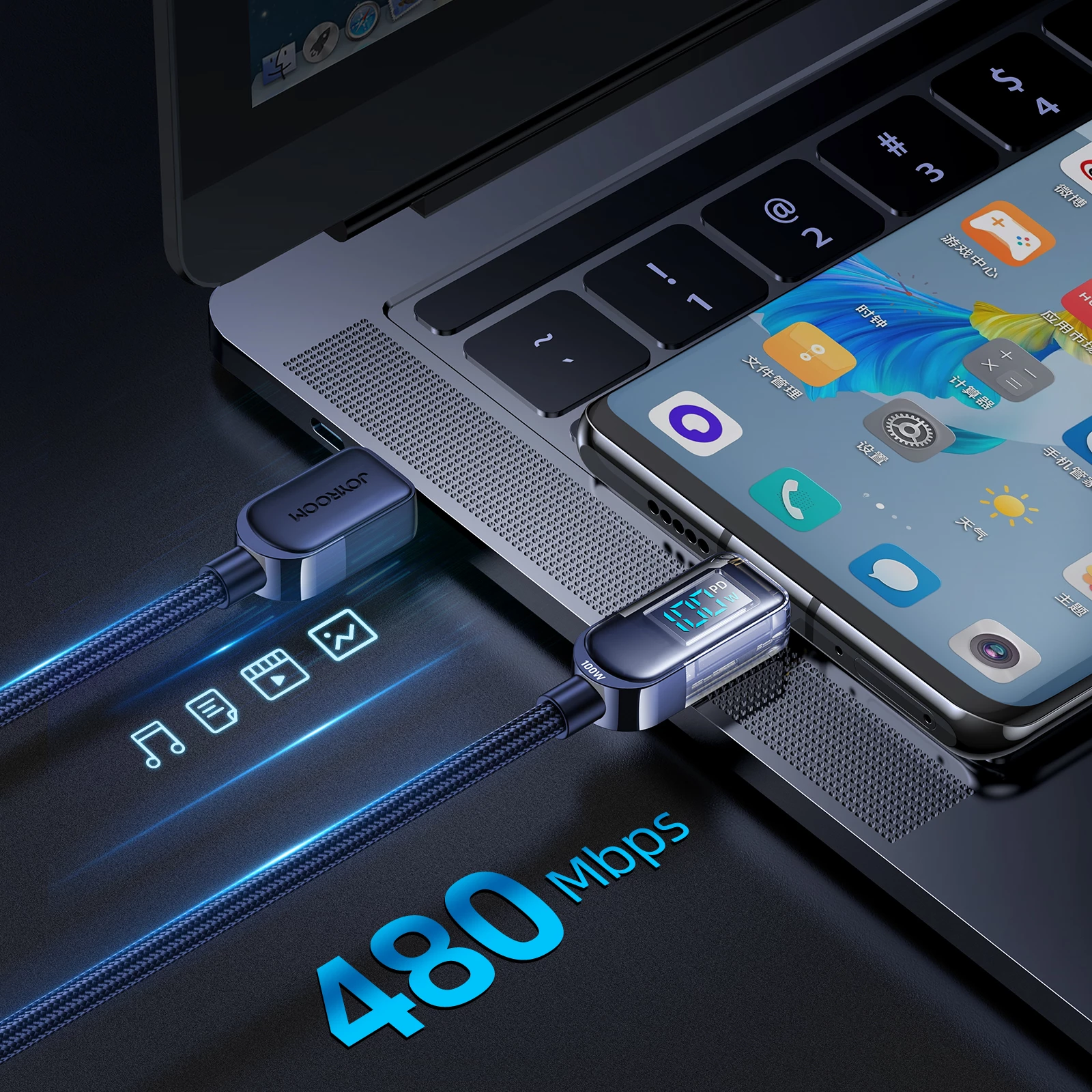 Kabllo USB-C në USB-C Joyroom A4 S-CC100A4 me ekran, 1.2m, 100W, Blu
