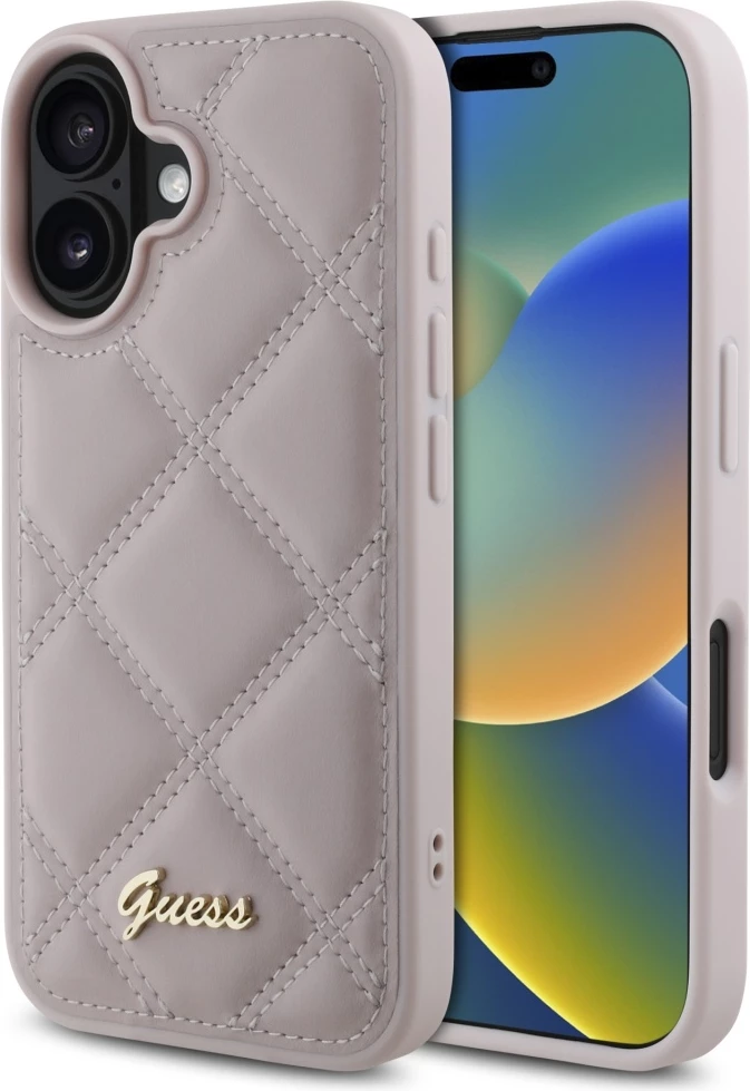 Mbështjellës Guess Quilted Metal Logo për iPhone 16, Rozë
