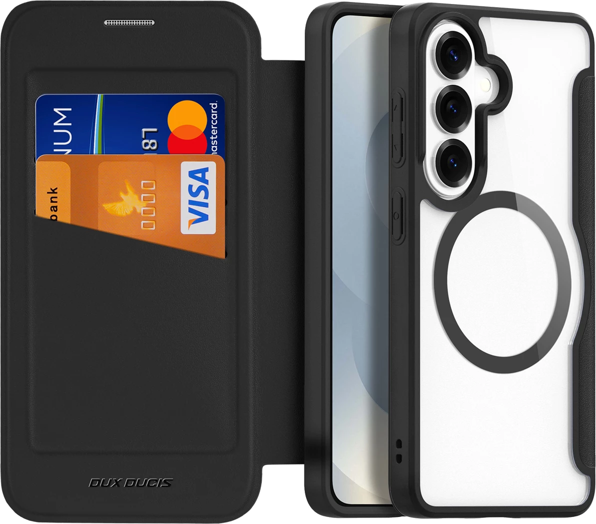 Mbështjellës me portofol Dux Ducis Skin X Pro për Samsung Galaxy S26+, MagSafe kompatibil, eko-lëkurë/TPU, i zi