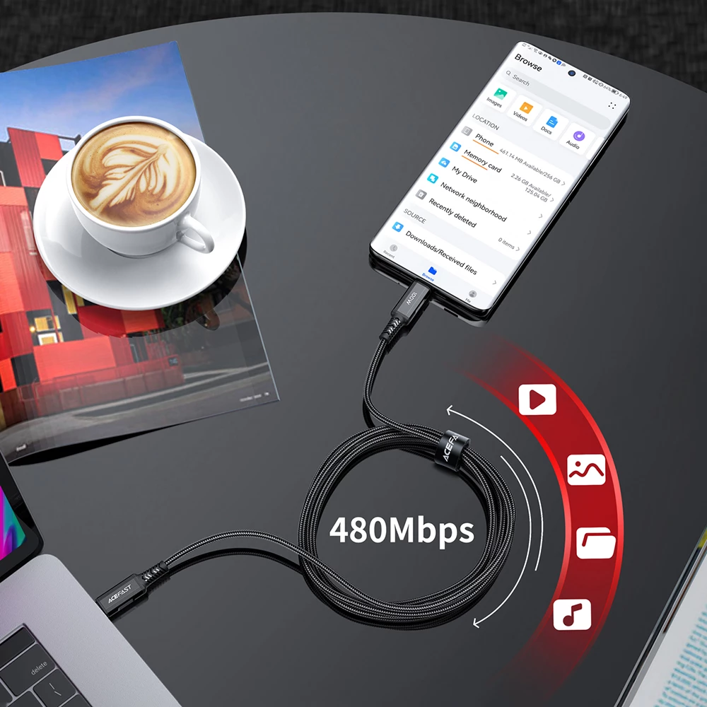 Kabllo USB-C në USB-C, Acefast C4-03, 2 m, 100W 5A, 480 Mb/s, PD QC, e zezë