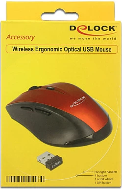 Maus wireless DeLOCK 12493, optik 1600 DPI, 2.4 GHz, për dorë të djathtë, zi/kuqe
