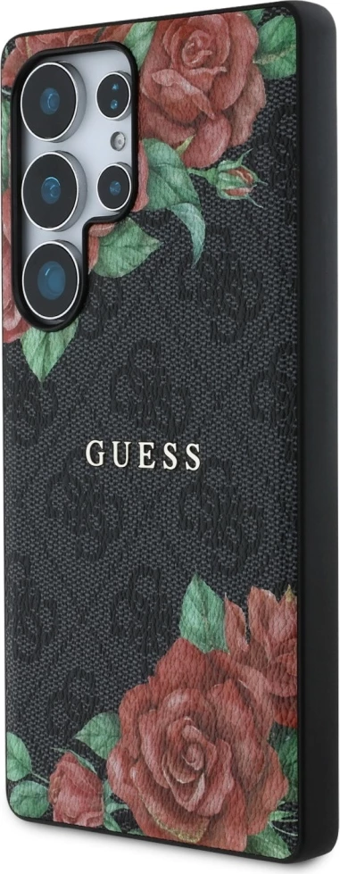 Mbështjellës Guess Leather 4G Flowers Print Metal Classic Logo MagSafe për Samsung Galaxy S25 Ultra, Zi