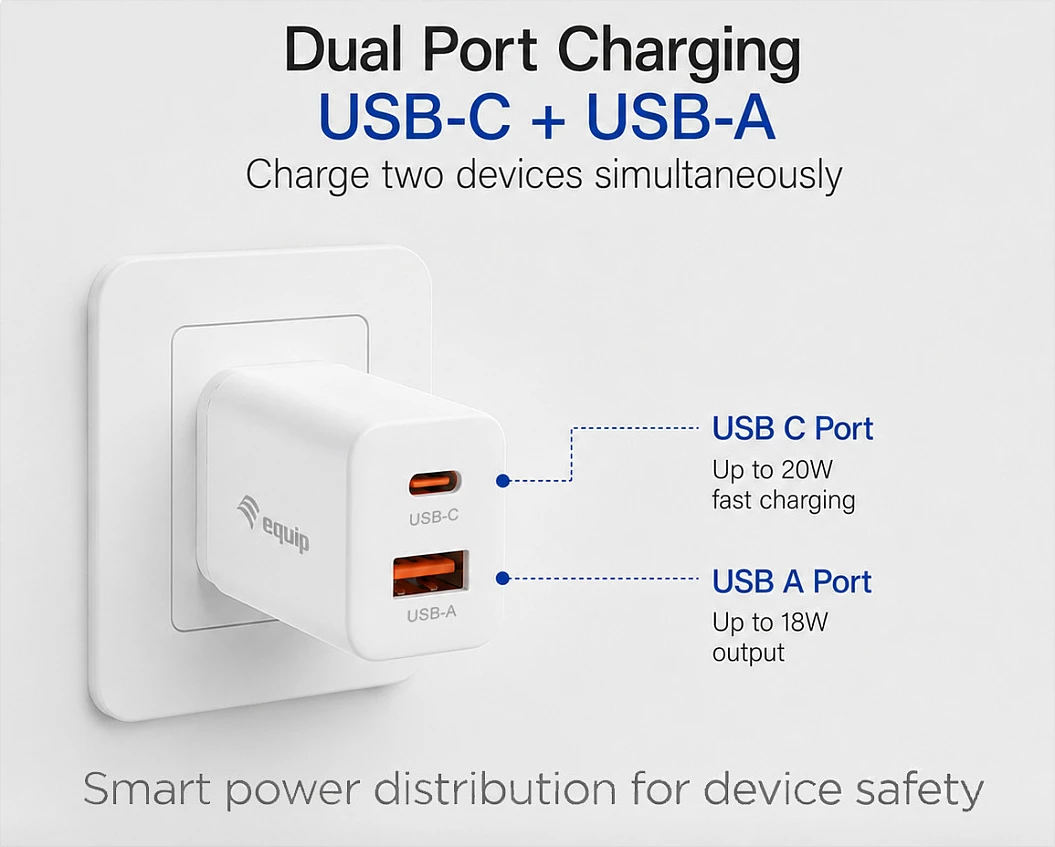 Karikues muri EQUIP 2-port USB-C PD3.0 + USB-A, GaN 20W, i bardhë