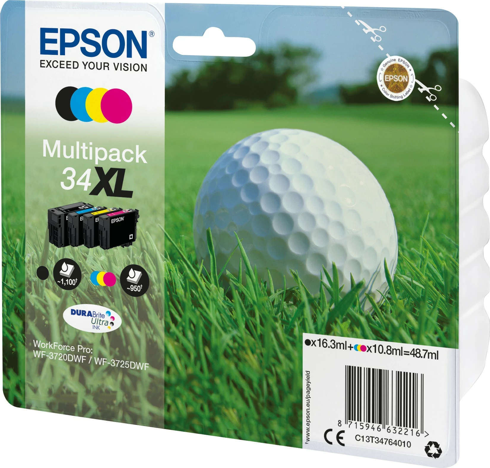 Toner Epson 34XL DURABrite Ultra, multipak, për WorkForce Pro WF-3720DWF/WF-3725DWF, XL, e zezë/cian/magenta/verdhe