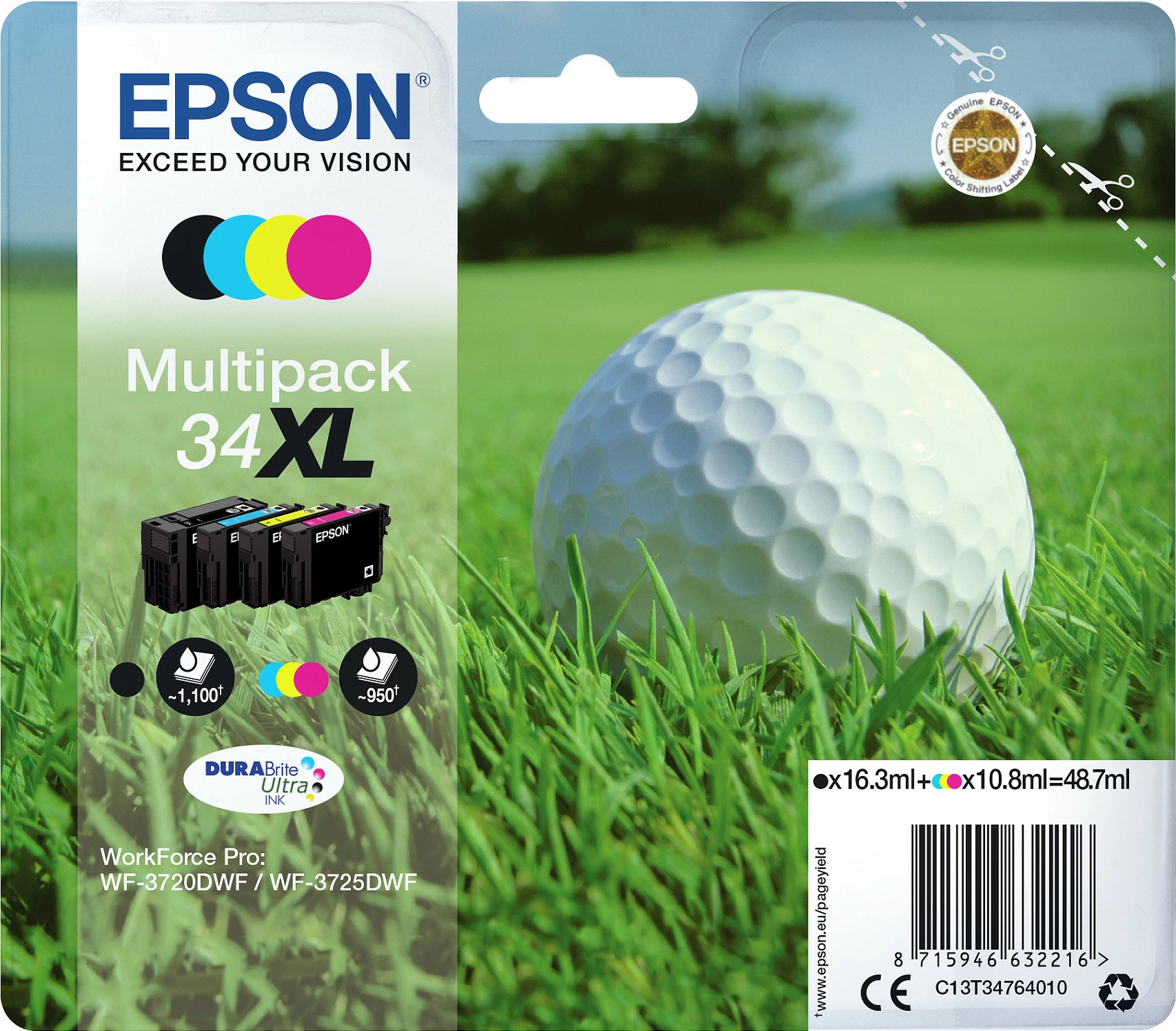 Toner Epson 34XL DURABrite Ultra, multipak, për WorkForce Pro WF-3720DWF/WF-3725DWF, XL, e zezë/cian/magenta/verdhe