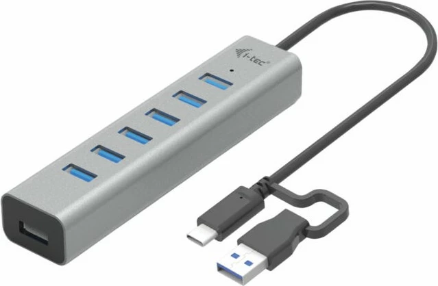 USB HUB I-Tec 7 porta, USB 3.2 Gen 1, 5000 Mbit/s, metalik, 0.3m, gri