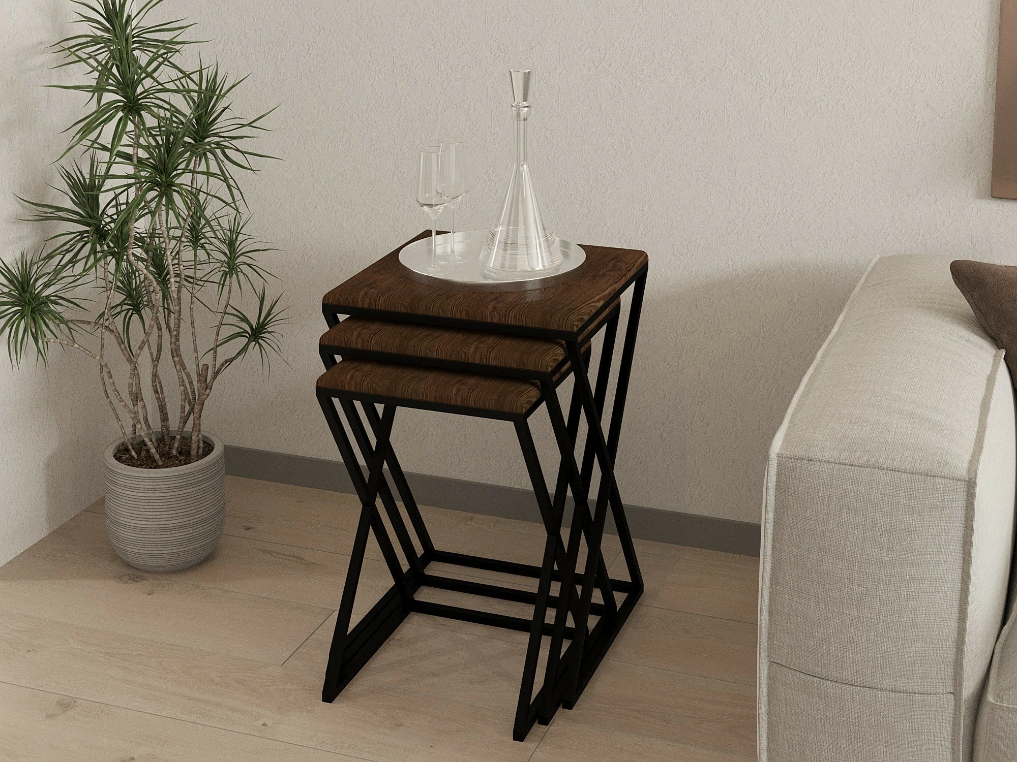 Set tavolinash ndihmëse (3 copë), Hanah Home, Z Zigon, ngjyrë arre dhe e zezë