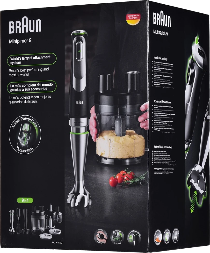 Blender zhytës Braun MultiQuick 9 MQ 9187XLI 1200 W 0.6 L, set me enë procesori, i zi/inox