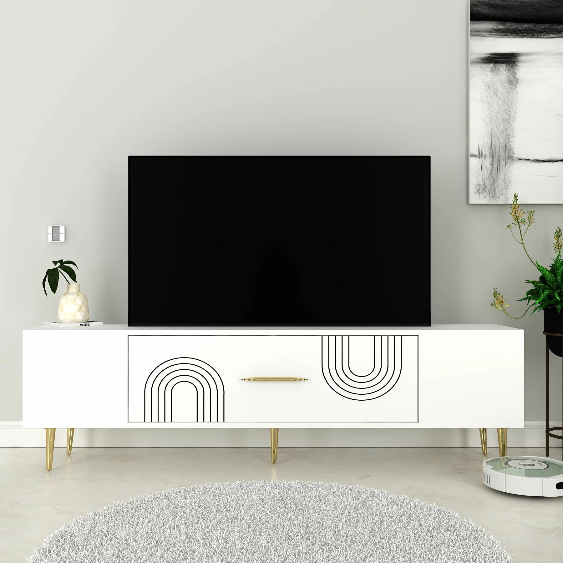 Komodë TV, ngjyrë e bardhë dhe ari, Skye Decor Dekol2