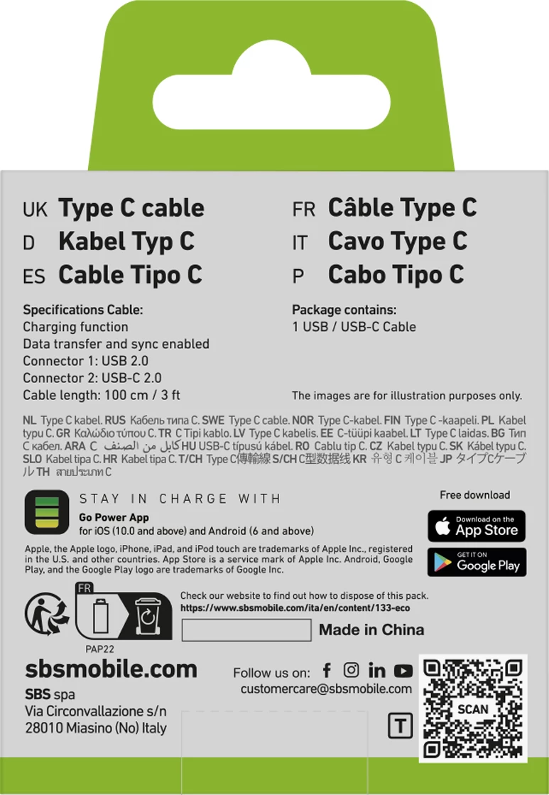 Kabllo USB-A në USB-C SBS TECABLETYC1KPOS, 1 m, e zezë