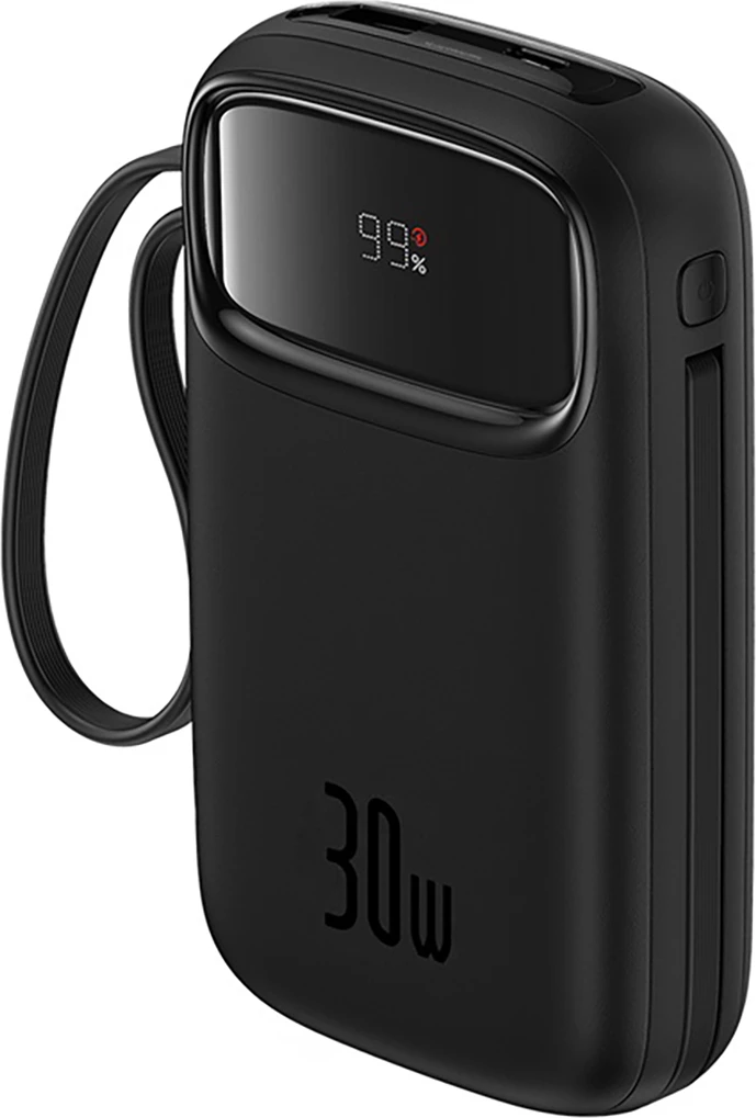 Powerbank Baseus QPow 2, 10000mAh, 30W, me kabllo USB-C të integruar, Ekran LED, e zezë