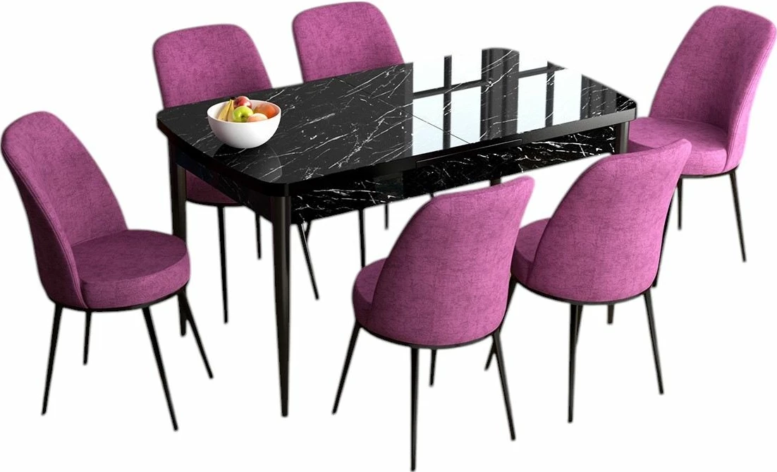 Tavolinë me karrige, zgjatshme, 7 copë, Skye Decor, ngjyrë mermeri të zi dhe lejla