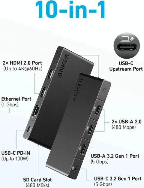 Hub USB-C Anker 364 10-në-1, 2x HDMI 4K, Ethernet, SD, PD 85W, kabllo 0.5 m, i zi