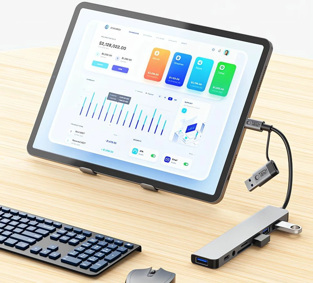 HUB adapter Tech-Protect HB06 8-në-1, Type-C + USB2.0 + USB3.0 + SD/TF + AV3.5, Gri