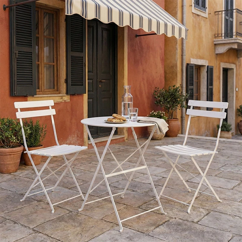 Set bistro tavolinë me karrige, metalike, palosëse, ngjyrë e bardhë, 3 copë, Φ60x71cm