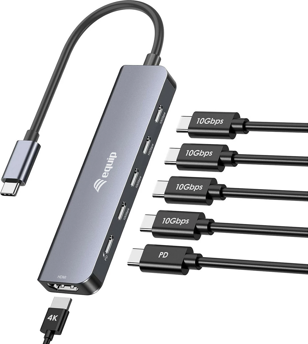 Adapter multifunksional USB-C EQUIP 133499, 6-në-1, HDMI 4K/60Hz, 100W PD, 10Gbps, Gri