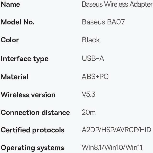 Adapter Bluetooth USB Baseus BA07 Bluetooth 5.3, USB-A, 20 m, i zi