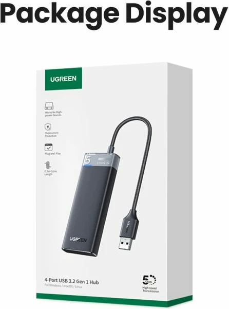 Hub USB, UGREEN, 15548, 4 porta, USB 3.0, 5Gbps, kabllo 20cm, i zi