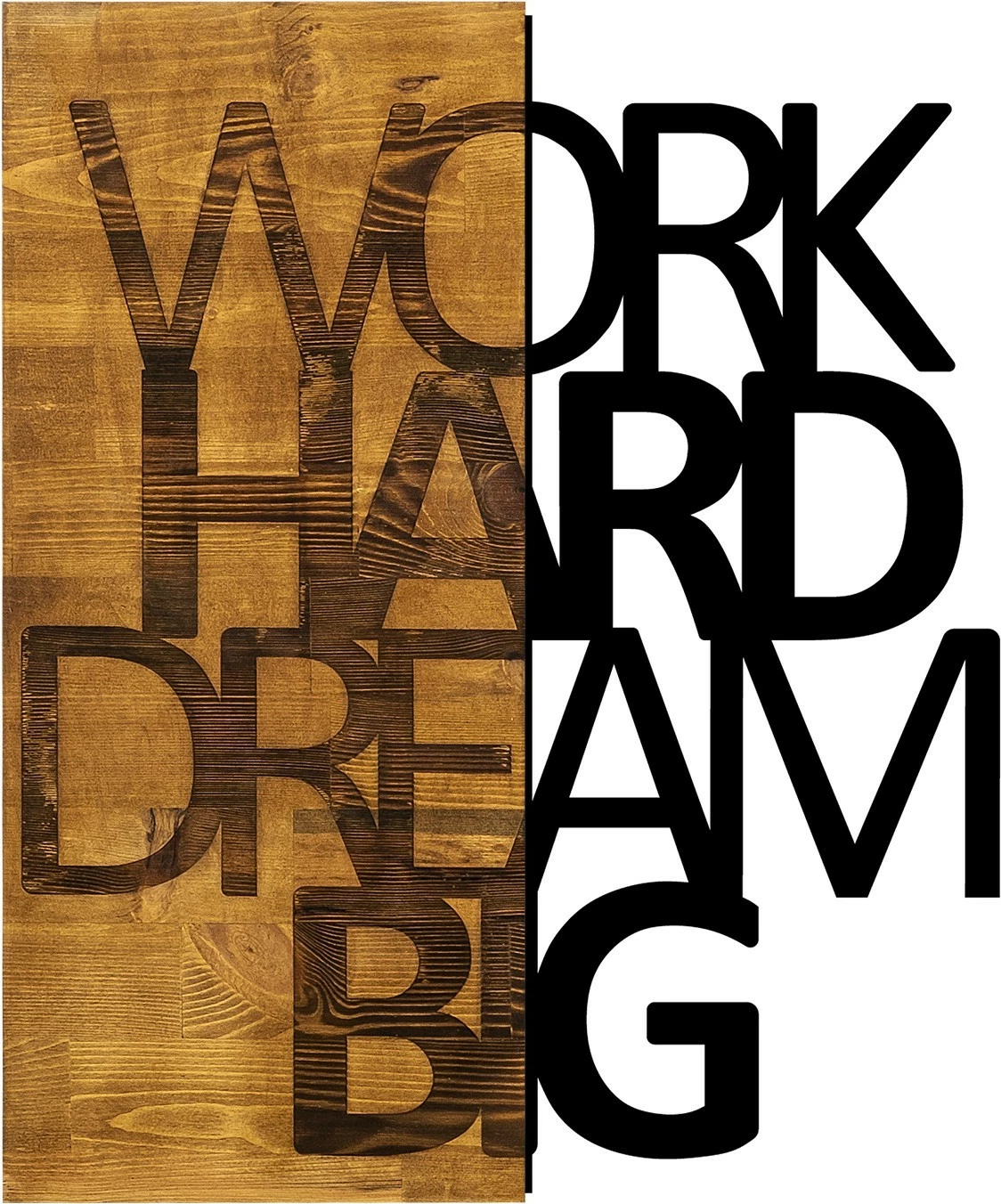 Aksesor dekorativ muri prej druri, Wallity, Work Hard Dream Big, ngjyrë arre dhe e zezë, 48x58cm