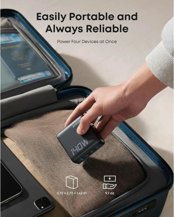 Karikues ANKER B2697 140W GaN, 4 porta (3x USB-C + USB-A), PD 3.1, me ekran, kabllo USB-C 1.5m, Dark Gray