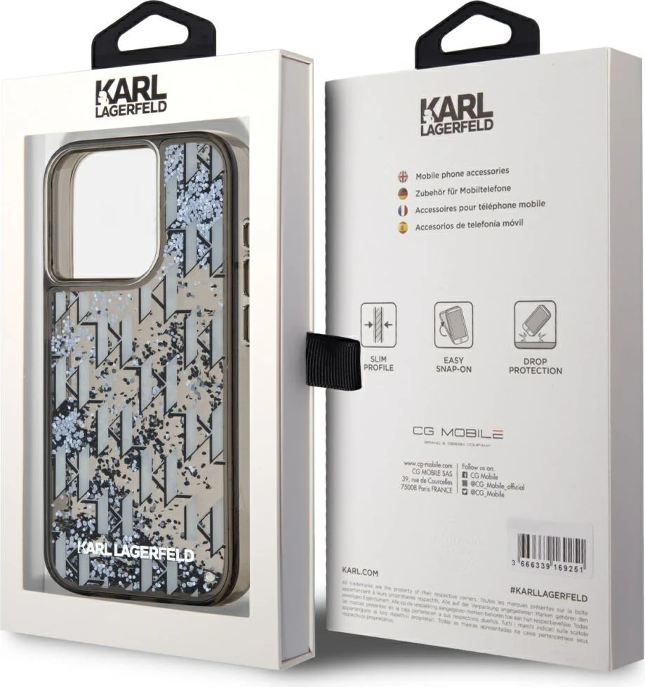 Mbështjellës Karl Lagerfeld Liquide Glitter Monogram Gradient për iPhone 15 Pro, i zi