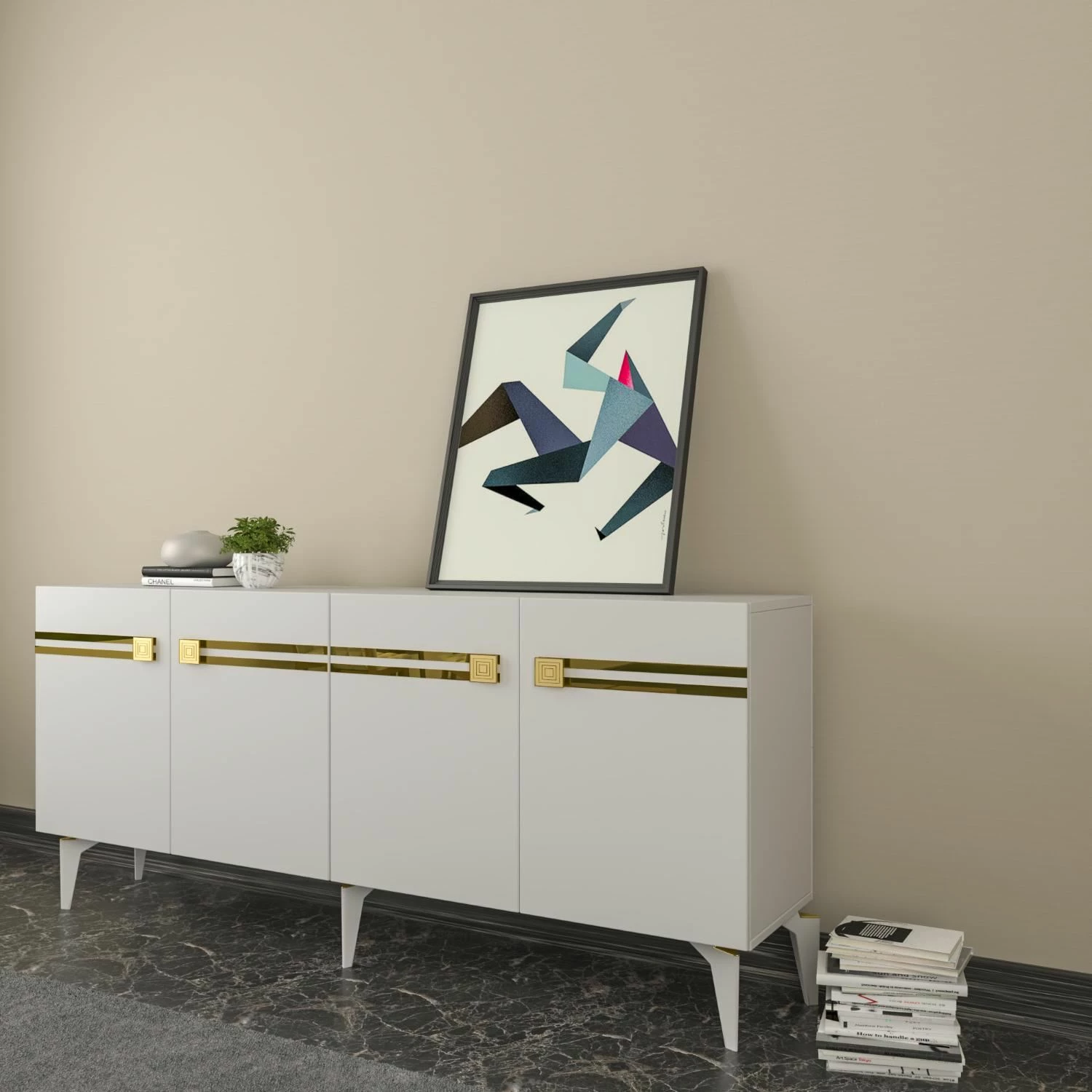 Konsol Skye Decor, Hayat KB150, e bardhë dhe ari
