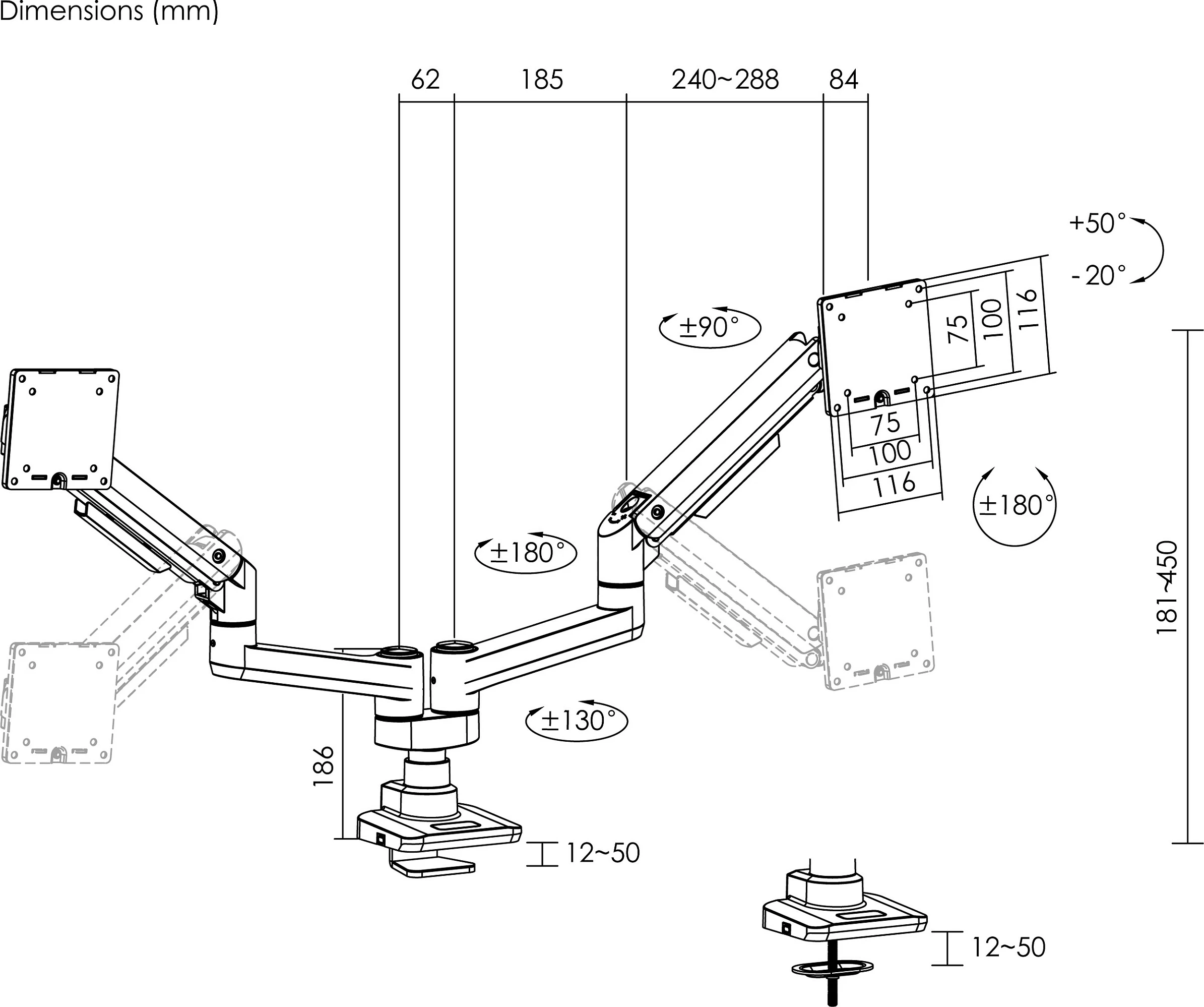 Mbajtëse tavoline për 2 monitorë Equip 2TFT, 17-35 inç, 360°, Gas Spring, VESA 75x75/100x100, 20kg për monitor, e bardhë