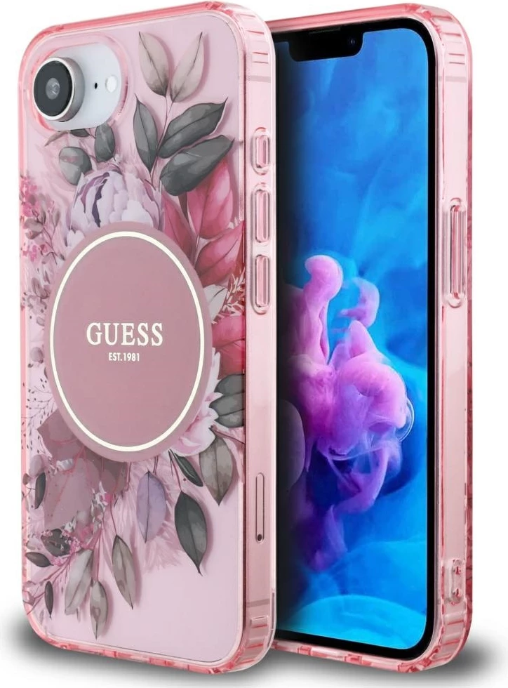 Mbështjellës Guess IML Flowers MagSafe për iPhone 16e, Rozë