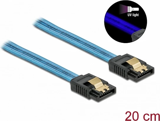 Kabllo SATA DeLOCK SATA III 20 cm, 6 Gb/s, UV glow, blu