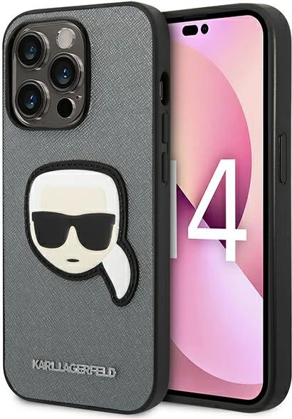 Mbështjellës Karl Lagerfeld KLHCP14XSAPKHG për iPhone 14 Pro Max 6.7", hardcase, Saffiano Karl's Head Patch, argjendtë