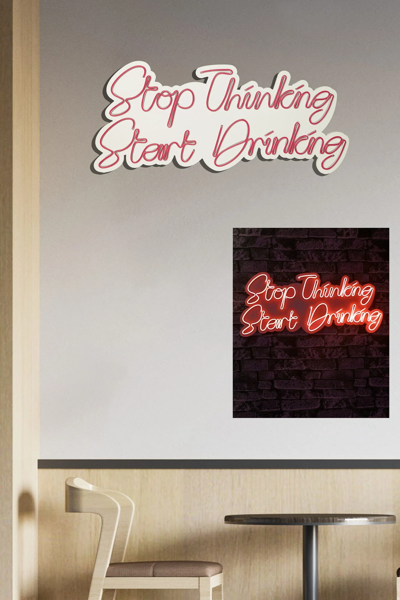 Dritë dekorative LED plastike për mur, 'Stop Thinking Start Drinking', e kuqe