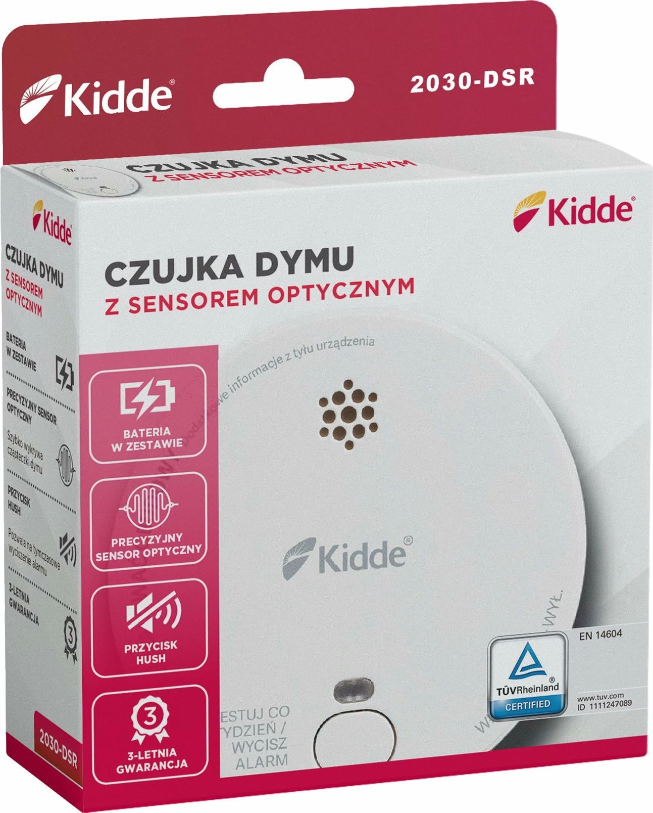 Detektor tymi Kidde 2030-DSR, sensor optik, alarm 85 dB, bateri 9V, i bardhë, set me bateri 9V