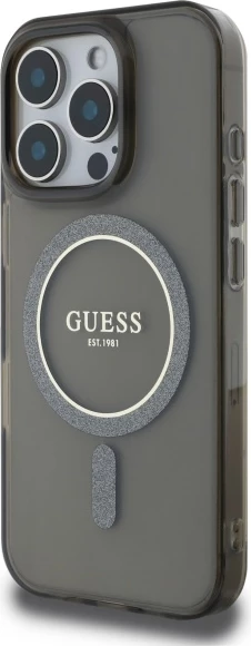 Mbështjellës Guess IML Glitter Circle MagSafe për iPhone 16 Pro Max, i zi