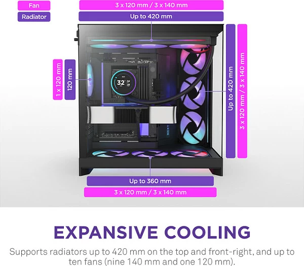 Kasë NZXT H9 Flow RGB+, Midi Tower ATX/EATX, Tempered Glass, Mesh, RGB, e zezë