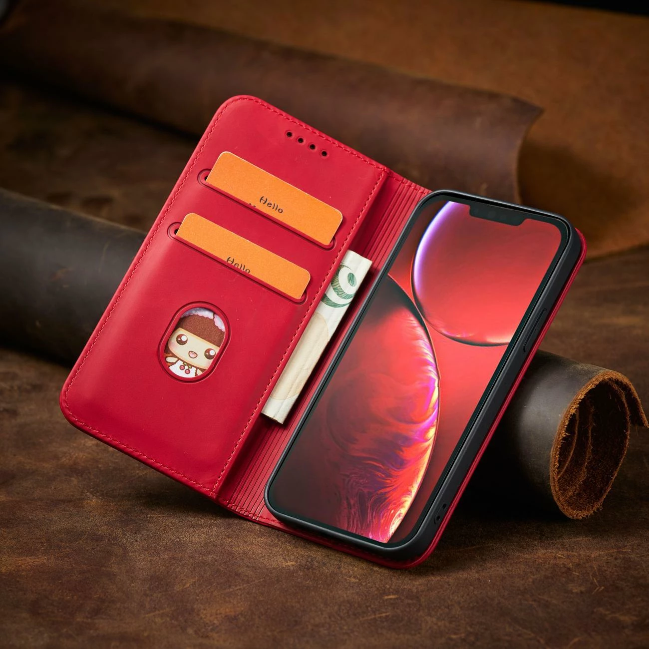 Mbështjellës Hurtel Magnet Fancy Case për iPhone 14 Pro Max, me portofol dhe mbajtëse, Kuq