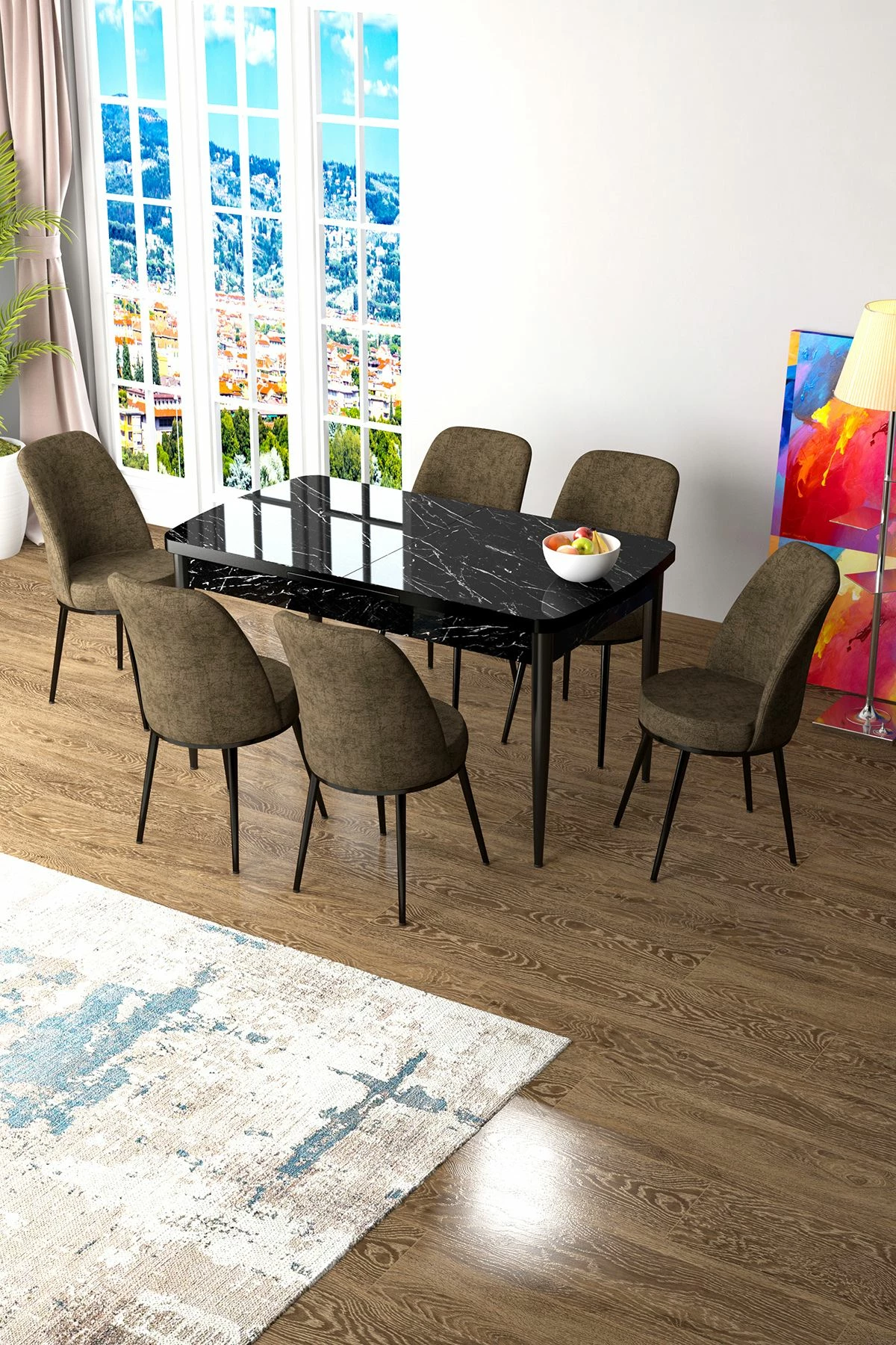 Set tavolinë me karrige, zgjatues, Skye Decor, mermer i zi, kafe, 7 copë